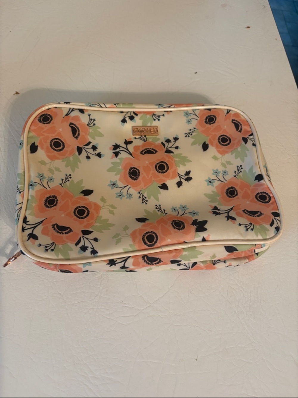 Peach Floral Makeup Case with Gold Accent